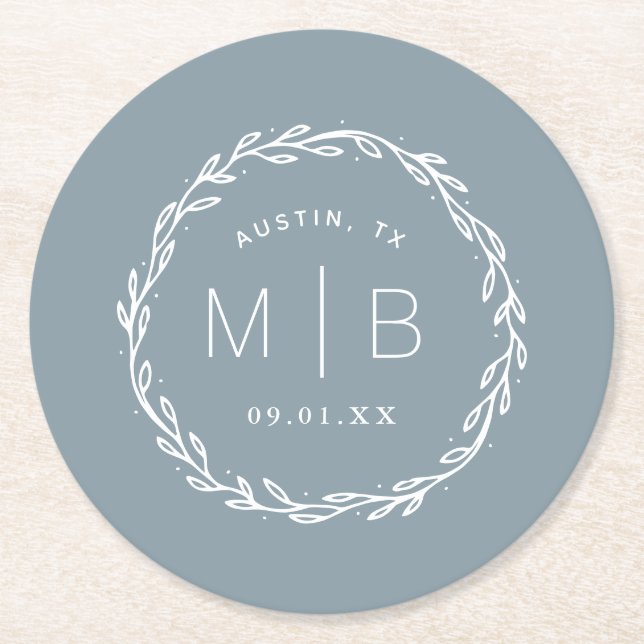 Rustic Wreath Wedding Monogram | Dusty Blue Round Paper Coaster (Front)