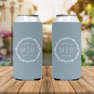 Rustic Wreath Wedding Monogram   Dusty Blue Seltzer Can Cooler