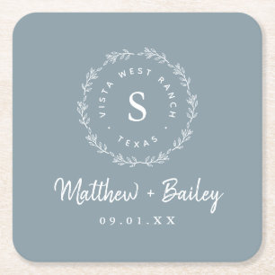 Rustic Wreath Wedding Monogram Dusty Blue Square Paper Coaster