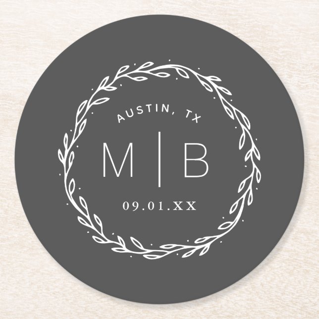 Rustic Wreath Wedding Monogram Round Paper Coaster (Front)