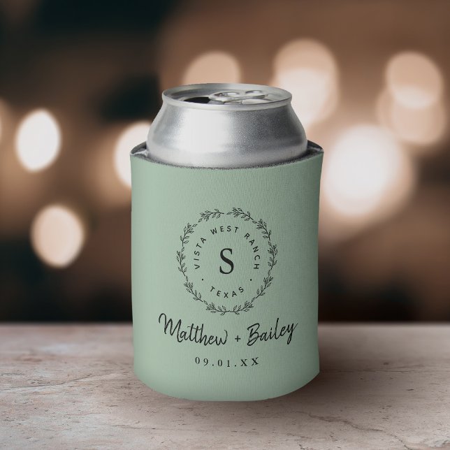 Rustic Wreath Wedding Monogram | Sage Can Cooler (Creator Uploaded)