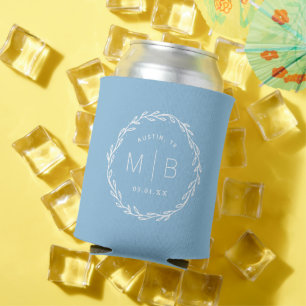 Rustic Wreath Wedding Monogram Sky Blue Can Cooler