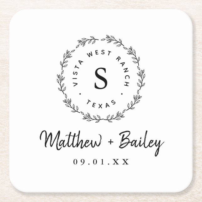 Rustic Wreath Wedding Monogram Square Paper Coaster (Front)