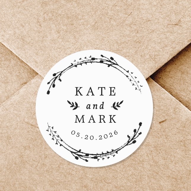 Rustic Wreath Wedding Save the Date Classic Round Sticker (Creator Uploaded)
