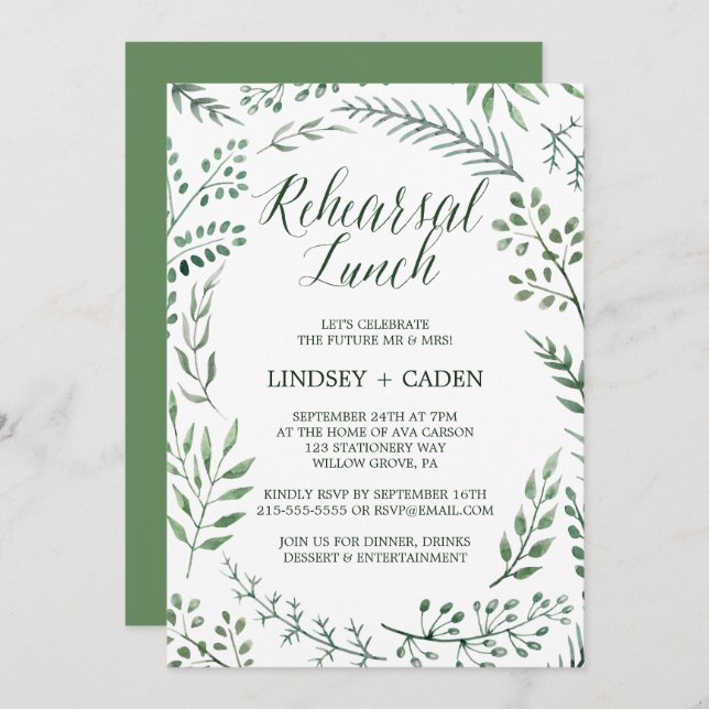 Rustic Wreath with Green Leaves Rehearsal Lunch Invitation (Front/Back)