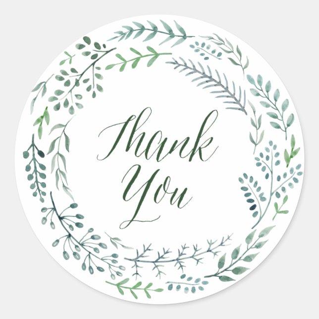Rustic Wreath with Green Leaves Thank You Favour Classic Round Sticker (Front)