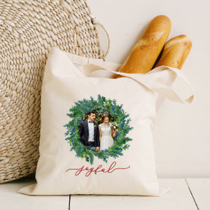 Rustic Wreath with Joyful Script and Photo Holiday Tote Bag