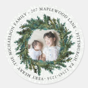 Rustic Wreath with Photo and Return Address Classic Round Sticker