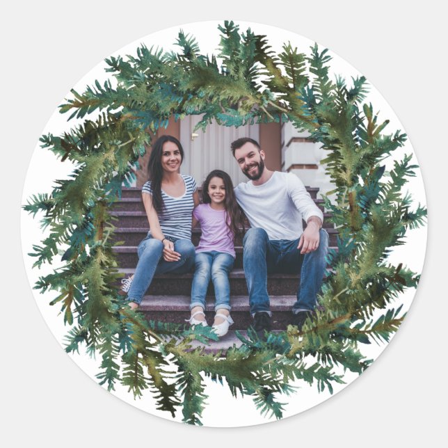 Rustic Wreath with Photo Christmas Classic Round Sticker (Front)