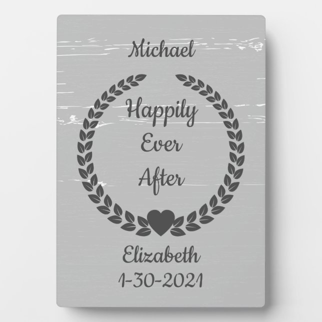 Rustic Wreath Wood Gray Happily Ever After Custom Plaque (Front)