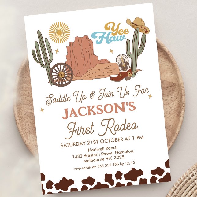 Rustic Yee-haw Cowboy First Rodeo 1st Birthday Invitation (Boys 1st Rodeo Birthday Invitation Template, Wild West Cowboy, Western, Country Themed, Rodeo, Cow)