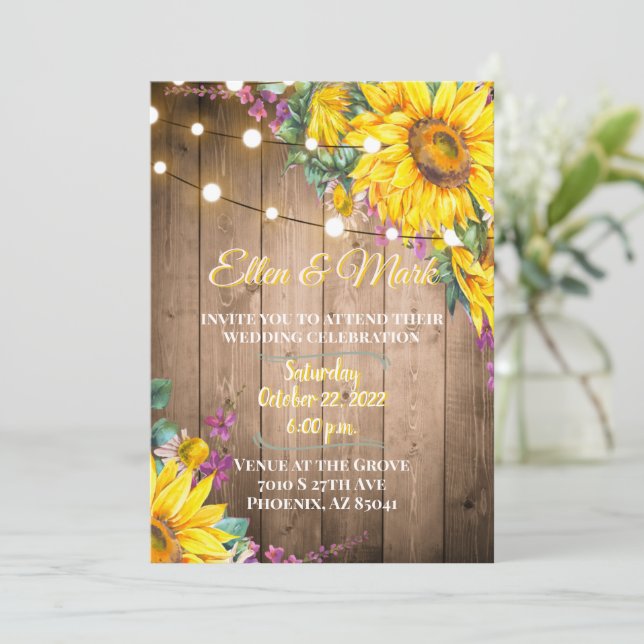 Rustic Yellow and Purple Sunflowers Wedding Invitation (Standing Front)