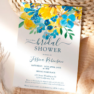 Rustic yellow blue floral watercolor bridal shower invitation