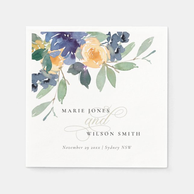 Rustic Yellow Blue Watercolor Floral Wedding Napkin (Front)