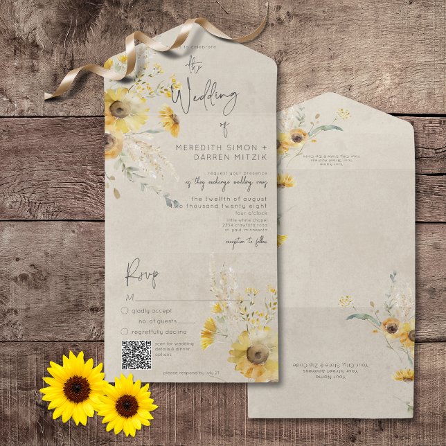 Rustic Yellow & Brown Summer Sunflower QR Code All In One Invitation (Rustic Yellow & Brown Summer Sunflower All In One Wedding Invitation with QR Code)