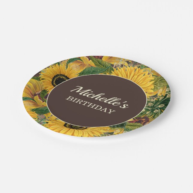Rustic Yellow Brown Sunflowers Birthday Party Paper Plate (Angled)