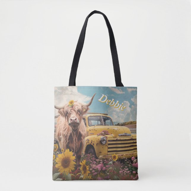Rustic Yellow Farm Truck & Highland Cow Customize  Tote Bag (Front)