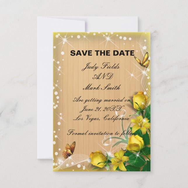 Rustic Yellow Floral Butterfly Save The Date Card (Front)