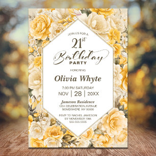Rustic Yellow Floral Geometric 21st Birthday Party Invitation