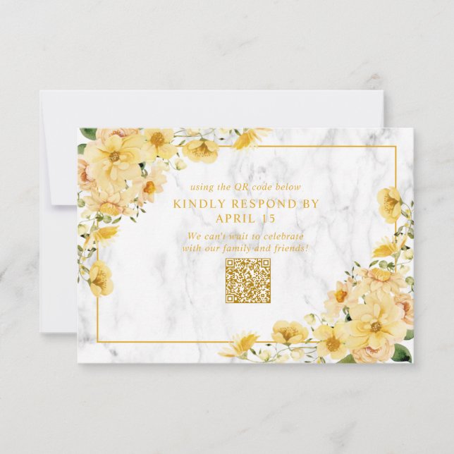 Rustic Yellow Floral Marble QR Code Wedding RSVP (Devant)