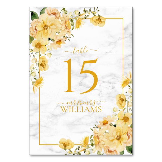Rustic Yellow Floral Marble Reception Wedding Table Number (Front)