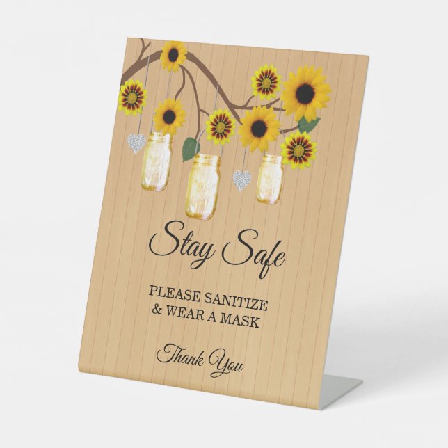 Rustic Yellow Floral Mason Jars Wedding Safety Pedestal Sign (Front)
