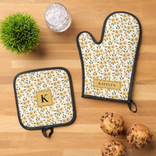 Rustic Yellow Floral Monogram Name Oven Mitt & Pot Holder Set