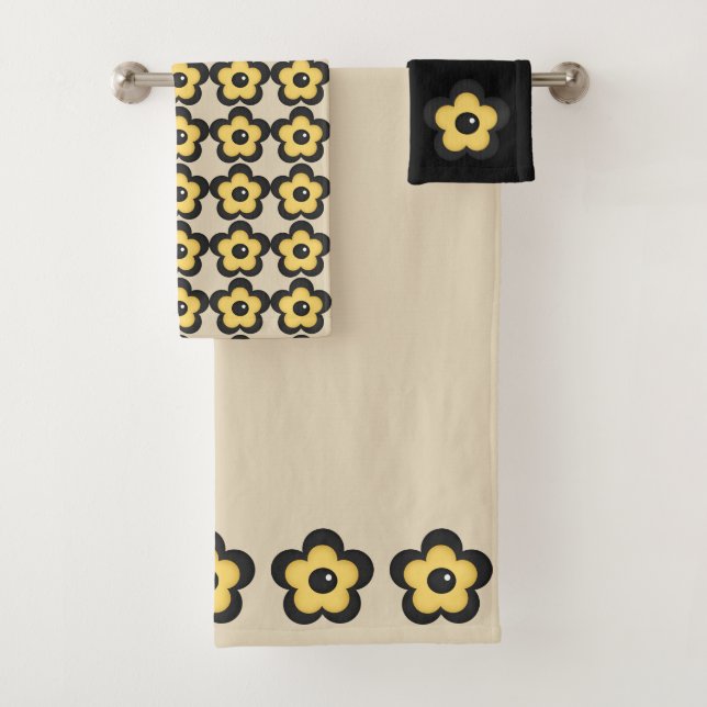 Rustic Yellow Flower on Black and Tan Beige Bath Towel Set (Insitu)