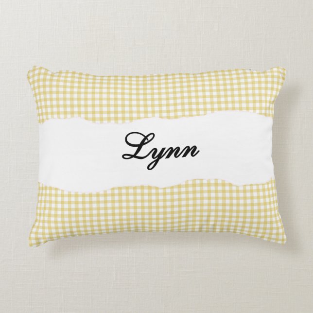Rustic Yellow Gingham Personalized Name Accent Pillow (Front)