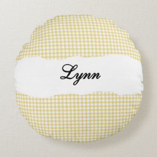 Rustic Yellow Gingham Personalized Name Round Pillow