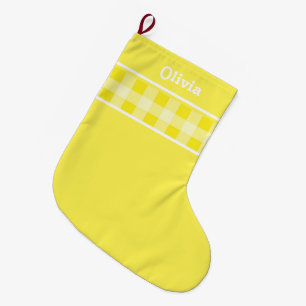 Rustic Yellow Gingham plaid pattern custom name Large Christmas Stocking