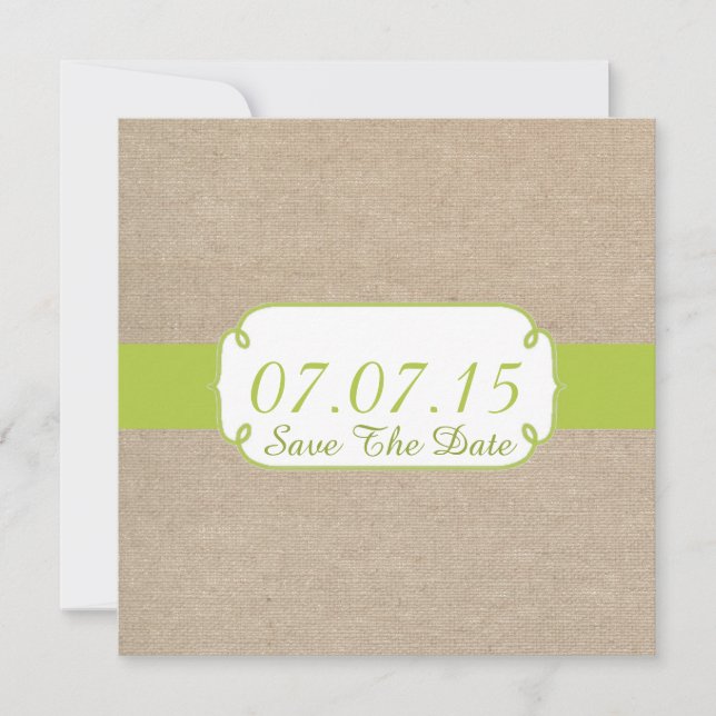 Rustic Yellow Green and Beige Burlap Save The Date (Front)