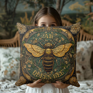 Rustic Yellow Green Queen Bee Monogram Cottagecore Throw Pillow