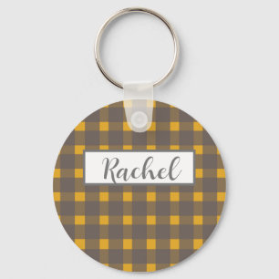 Rustic Yellow Grey Gingham Keychain