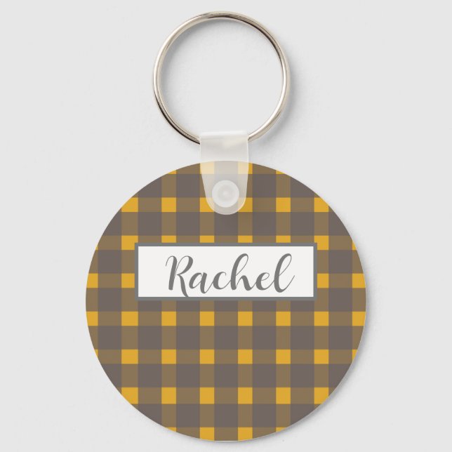 Rustic Yellow Grey Gingham  Keychain (Front)
