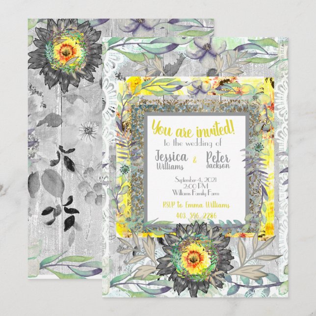 Rustic Yellow Grey Sunflower Wedding Invitation (Front/Back)