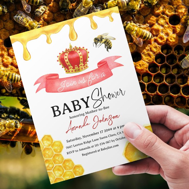Rustic Yellow Honey Comb Red Crown Bee Baby Shower Invitation (Creator Uploaded)