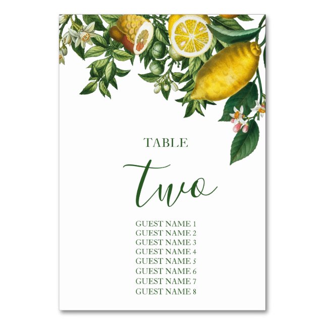 Rustic Yellow Lemon & Foliage Greenery Table Number (Front)