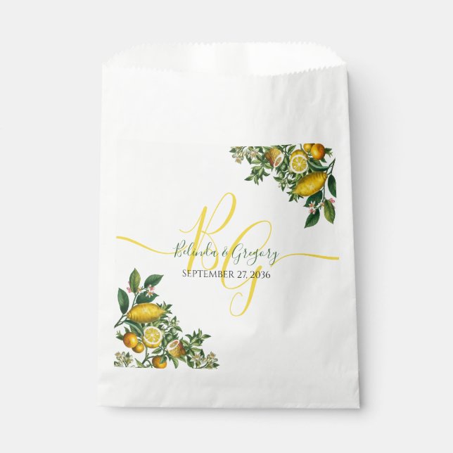 Rustic Yellow Lemon & Foliage Greenery Wedding  Favour Bag (Front)