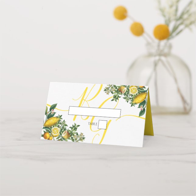 Rustic Yellow Lemon & Foliage Greenery Wedding Place Card (Front)