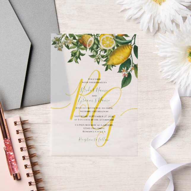 Rustic Yellow Lemon & Foliage Greenery Wedding Vellum Invitations (Wedding)