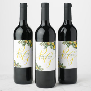 Rustic Yellow Lemon & Foliage Greenery Wedding Wine Label