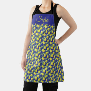Rustic yellow lemon watercolor blue pattern apron