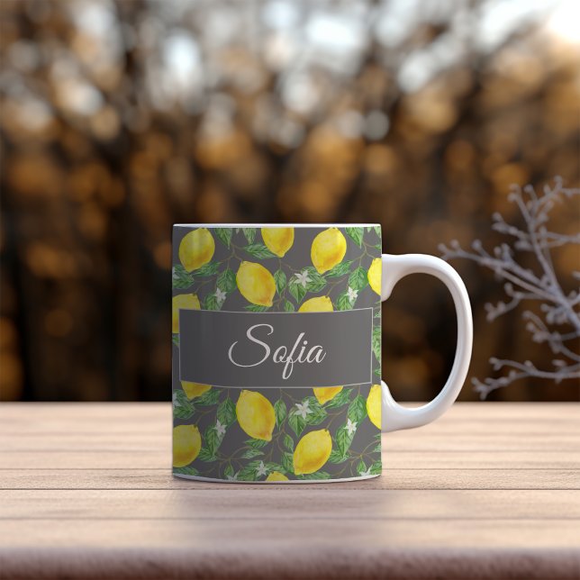 Rustic yellow lemon watercolor green grey pattern coffee mug (Creator Uploaded)