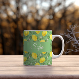 Rustic yellow lemon watercolor green pattern coffee mug