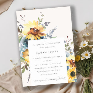 Rustic Yellow Navy Sunflower Floral Bridal Shower Invitation