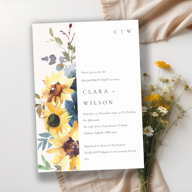 Rustic Yellow Navy Sunflower Floral Engagement Invitation (Creator Uploaded)