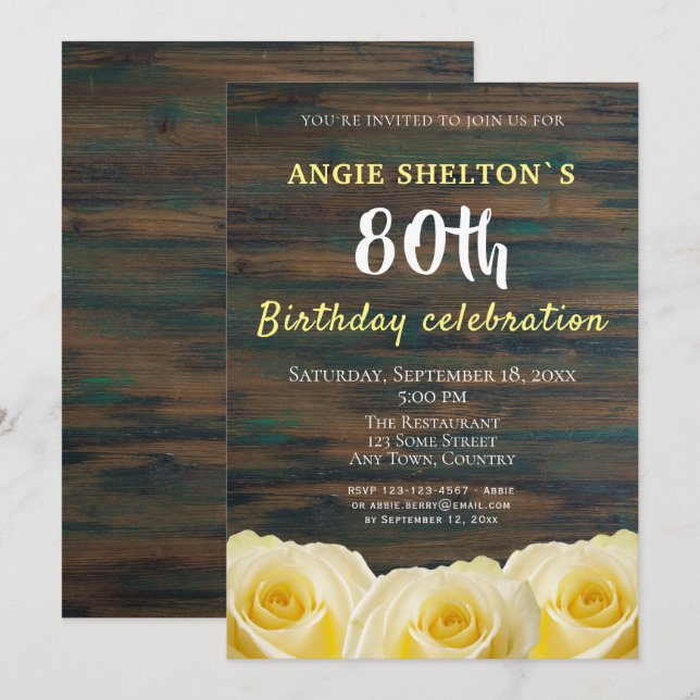 Rustic Yellow Rose 80th Birthday Floral Party Invitation (Front/Back)