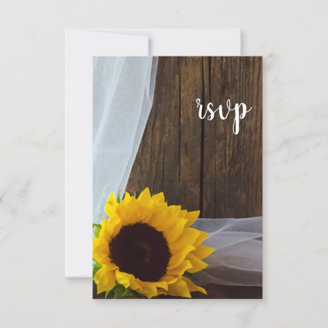 Rustic Yellow Sunflower Barn Wood Wedding RSVP (Front)