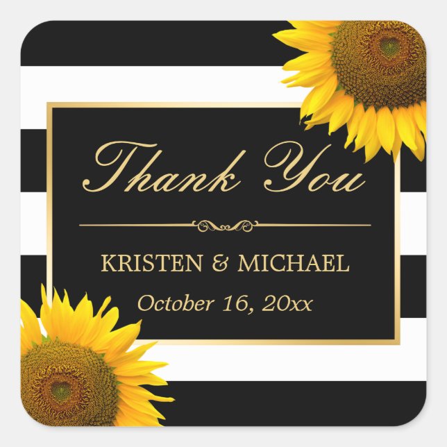 Rustic Yellow Sunflower Black White Thank You Square Sticker (Front)